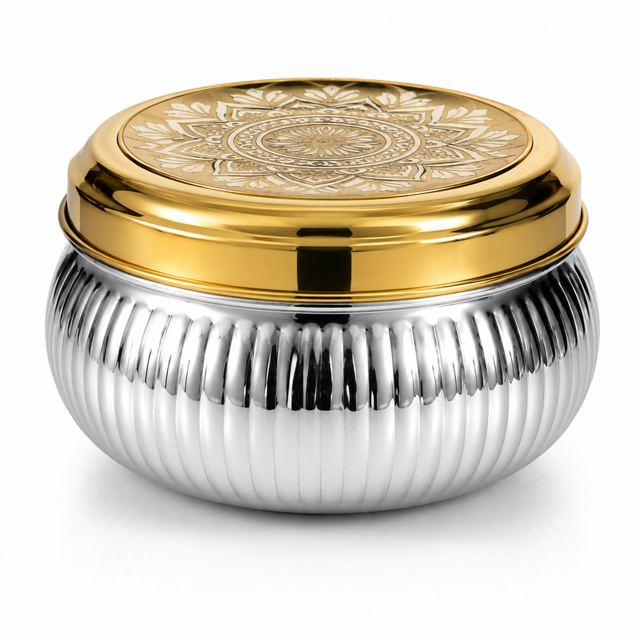 RIPPLE DESIGHN STAINLESS BOX WITH LAZER GOLD PVD LID
